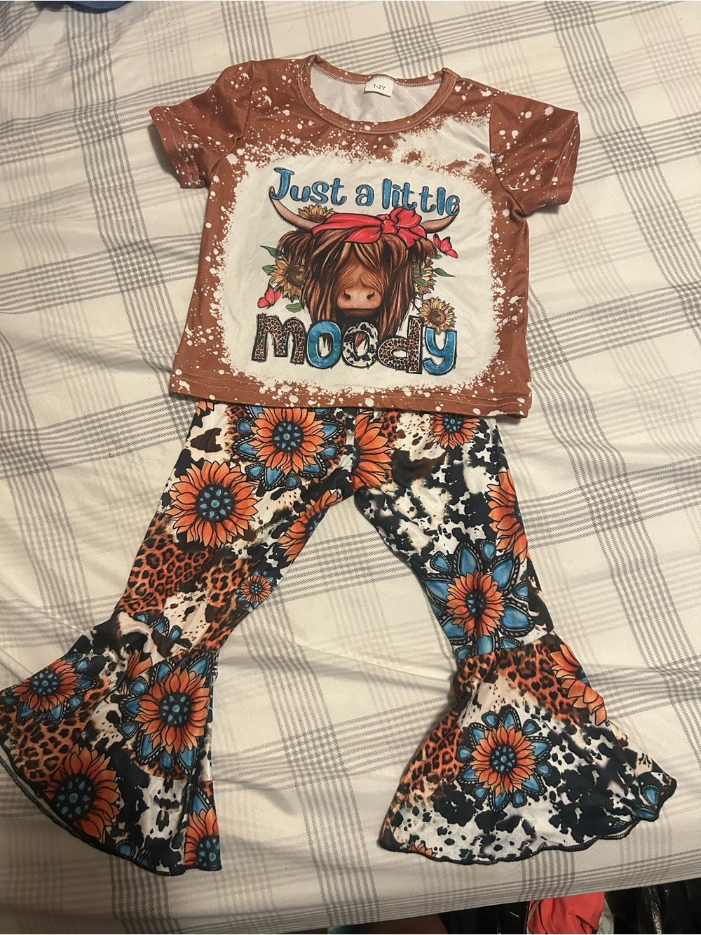 Just a Little Moody Cow Graphic Tee & Floral Bell Bottom Set - Rust & Blue